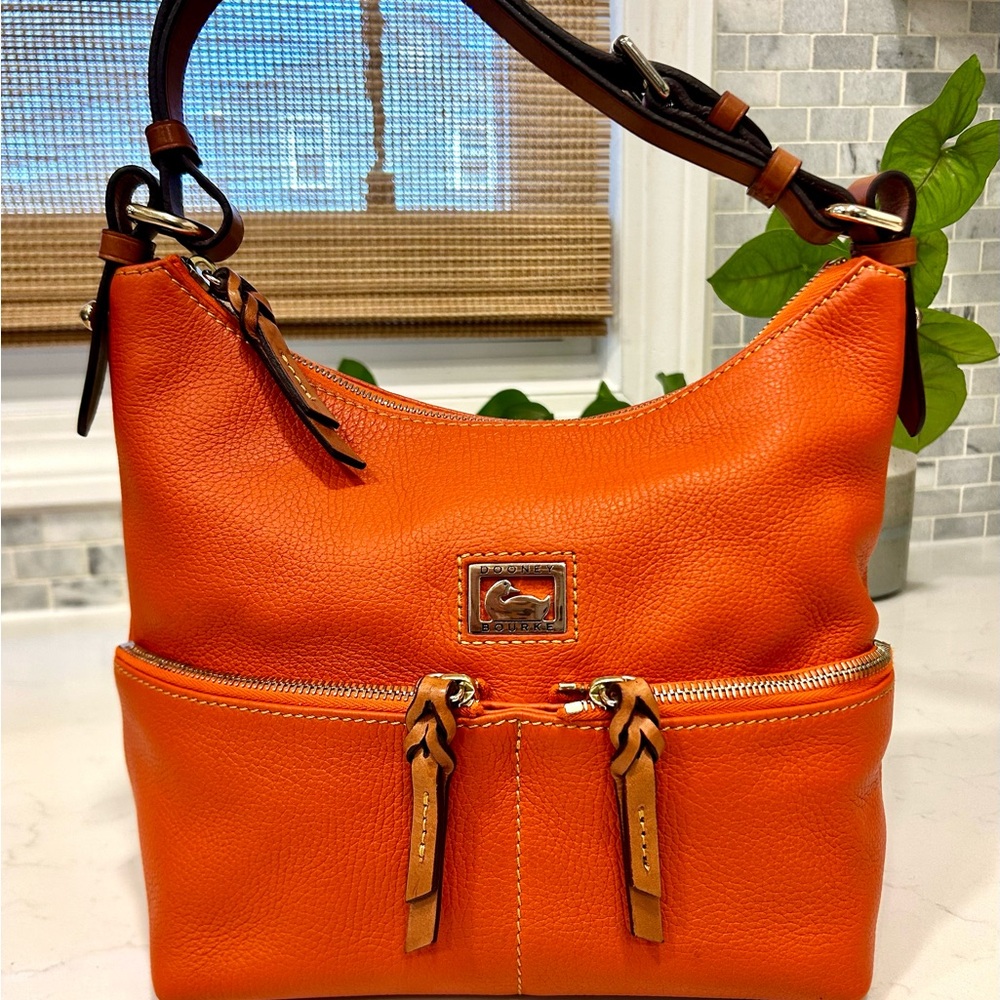 Dooney & Bourke Leather Shoulder Hobo Bag with Front Zip Pockets